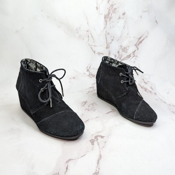 Toms Wedge Bootie Women 9 40 Desert Suede Leather Black Flannel Lined - Picture 1 of 10